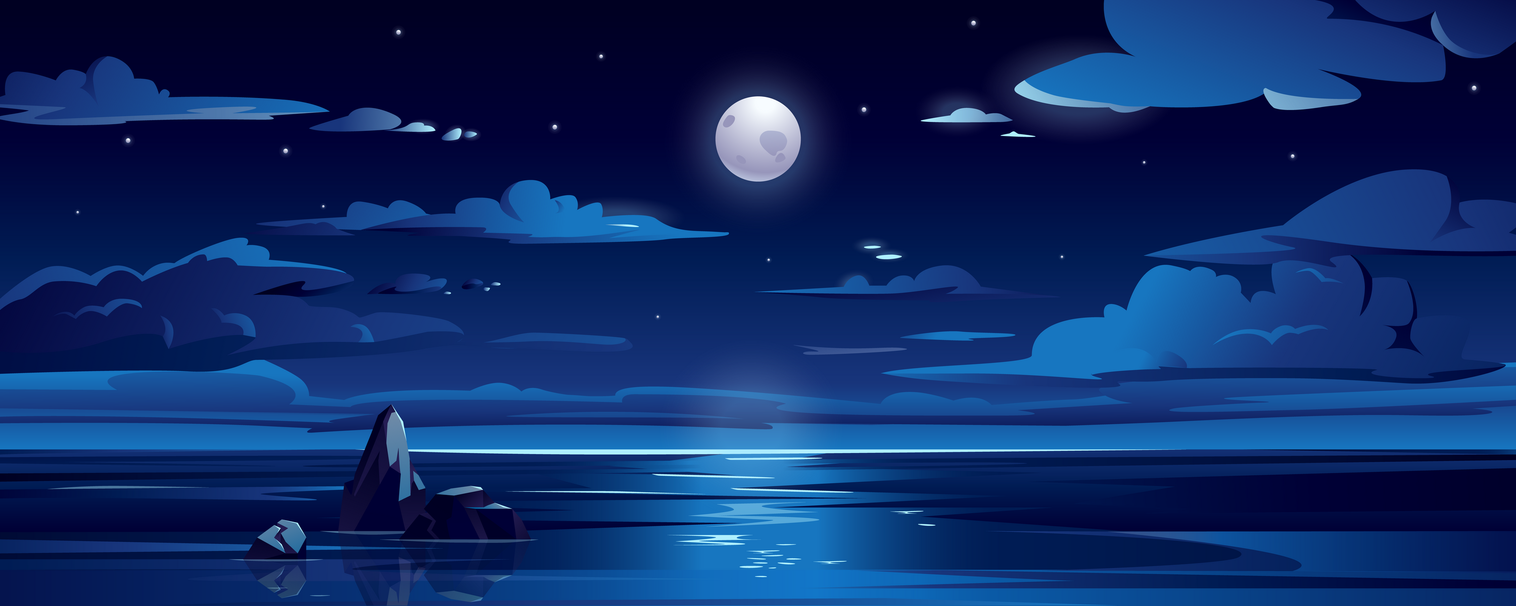 Night Landscape with Moon, Sea, Ocean, Sky, Water